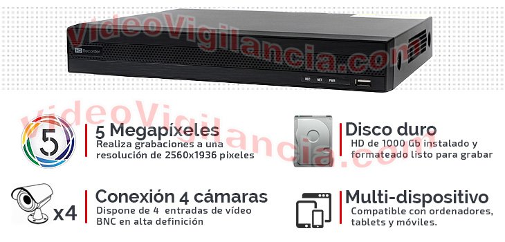 Grabador 5 Megapíxeles para 4 cámaras con conexión a Internet y disco duro.