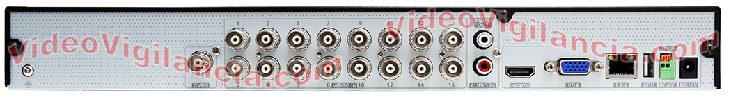 Detalle de las conexiones traseras del grabador UHD 16 canales.