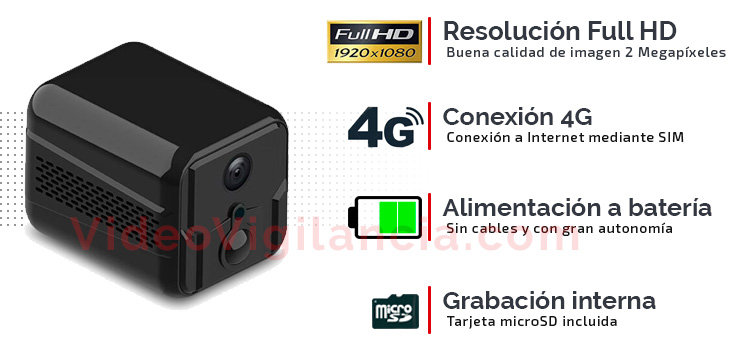 Mini cámara Full HD con conexión 4G a Internet, alimentación por batería, grabación interna y visión nocturna.