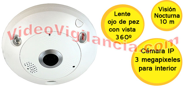 Cámara IP megapixel con lente ojo de pez e infrerrojos.