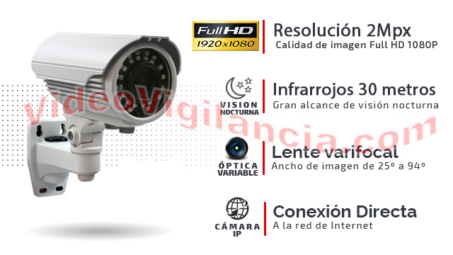 Cámara IP con lente varifocal, visión nocturna de 30 metros y sistema de alimentacion PoE