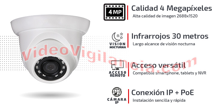Cámara IP 4 Megapíxeles gran angular, visión nocturna, PoE y carcasa de exterior.