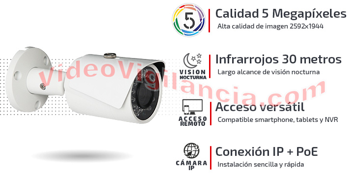 Cámara IP bullet calidad 5 Megapíxeles con infrarrojos 30 metros y alimentación PoE