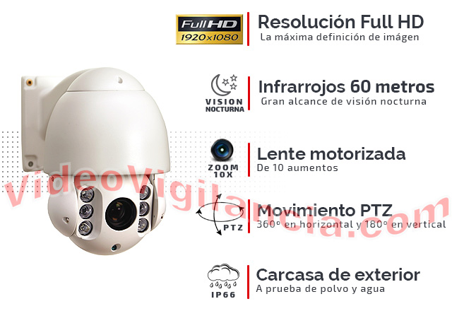 Cámara PTZ IP con movimiento y zoom de 10 aumentos.