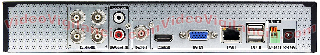 Detalle de las conexiones traseras del grabador Ultra HD 4K para 4 cámaras