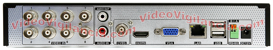 Detalle de las conexiones traseras del grabador Full HD para 8 + 4 cámaras.