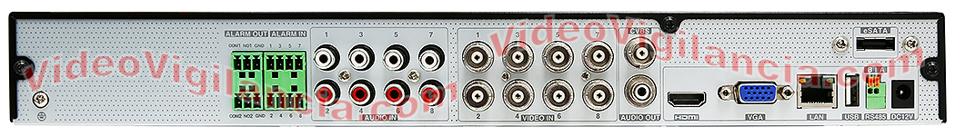 Conexiones del grabador Ultra HD 4K con entradas y salidas de alarma TVT. 