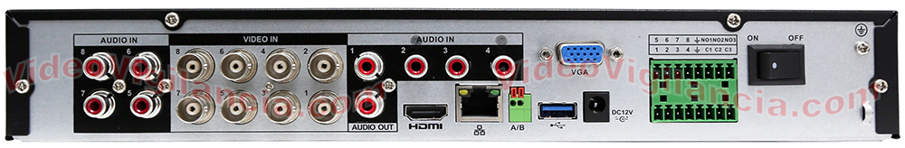 Conexiones traseras del grabador Dahua 8 cámaras 4K + 8 cámaras IP