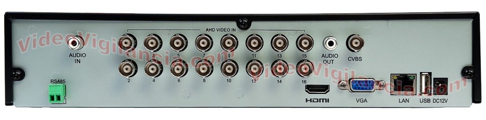 Detalle de las conexiones traseras del grabador HD 720P de 16 canales.