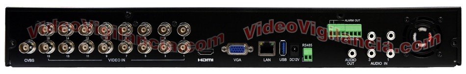 Conexiones traseras del grabador Full HD para 16 cámaras.