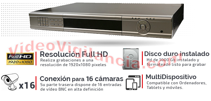Grabador Full HD 1080P para 16 cámaras de videovigilancia.