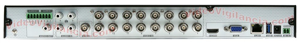 Detalle de las conexiones traseras del grabador UHD 16 canales.