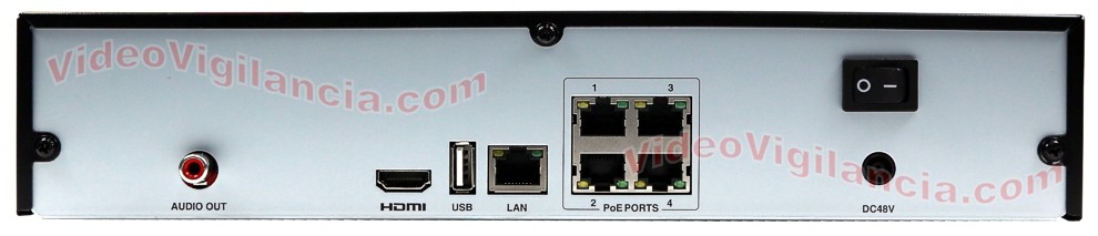 Conexiones traseras de grabador IP PoE para 4 camaras
