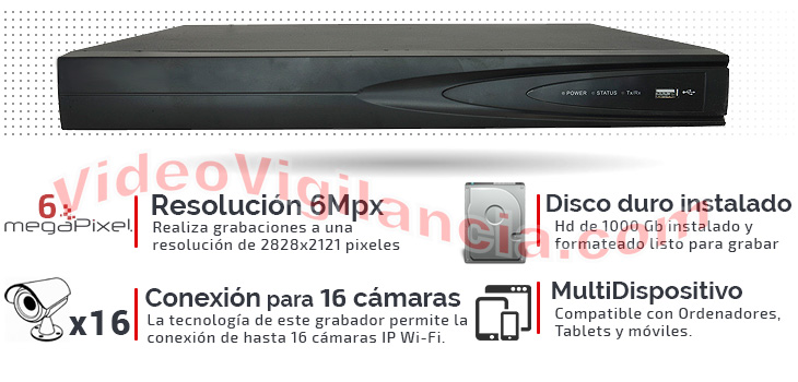 Grabador IP de 16 cámaras alta resolución.
