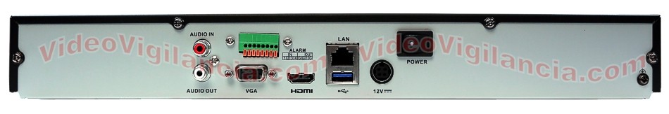 Conexiones del grabador IP alta resolución para 16 cámaras de videovigilancia.