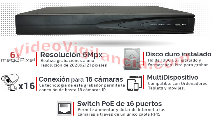 Grabador IP PoE de 16 cámaras alta resolución.