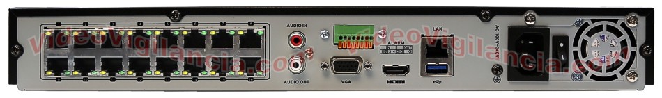 Conexiones del grabador IP PoE alta resolución para 16 cámaras de videovigilancia.