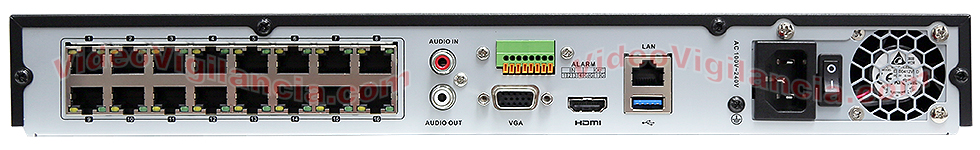 Detalle de las conexiones traseras del grabador IP PoE de 32 canales