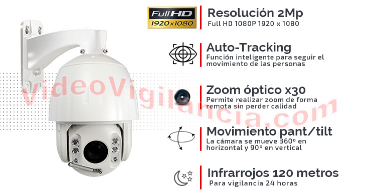 Cámara domo Full HD con auto-tracking, zoom óptico x30, movimiento pant/tilt, infrarrojos y carcasa de exterior