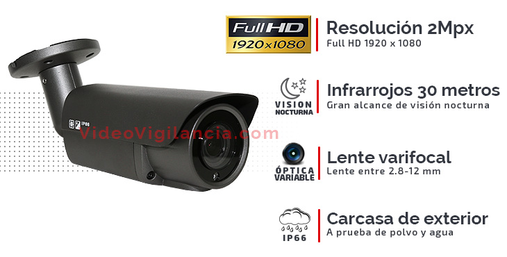 Cámara de vigilancia Full HD 1080P con lente varifocal e infrarrojos 30 metros.