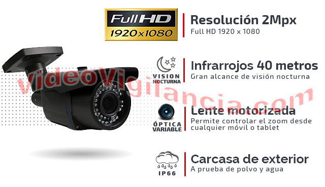 Cámara TVI Full HD con lente motorizada e infrarrojos de exterior.