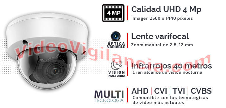 Cámara domo calidad Ultra HD 4 Megapíxeles con carcasa antivandálica, lente varifocal y visión nocturna.