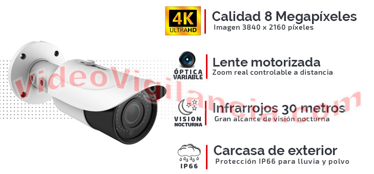Cámara bullet 4K con lente motorizada, infrarrojos y carcasa de exterior IP66